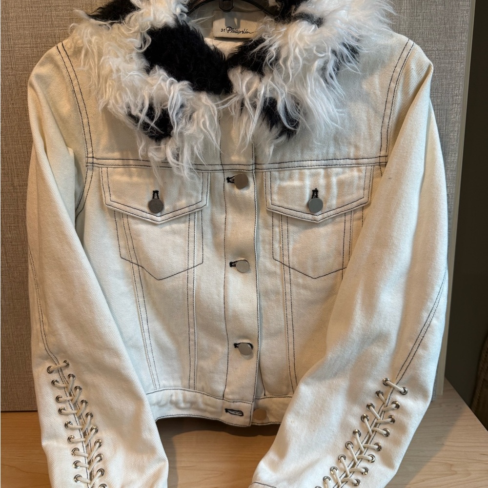 3.1 Phillip Lim White and Black Jean Jacket with Feather Trim S US 2